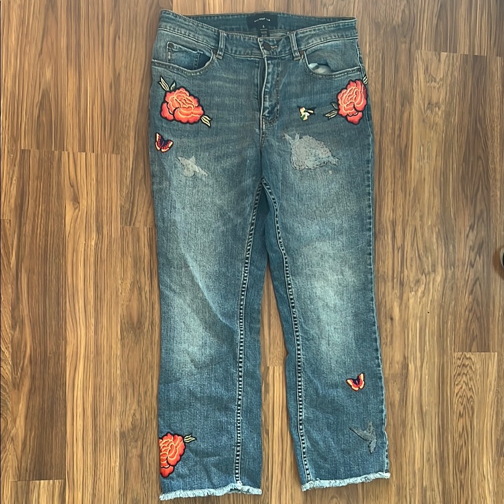 Who What Wear Blue Straight Leg Jeans with Floral Embroidery